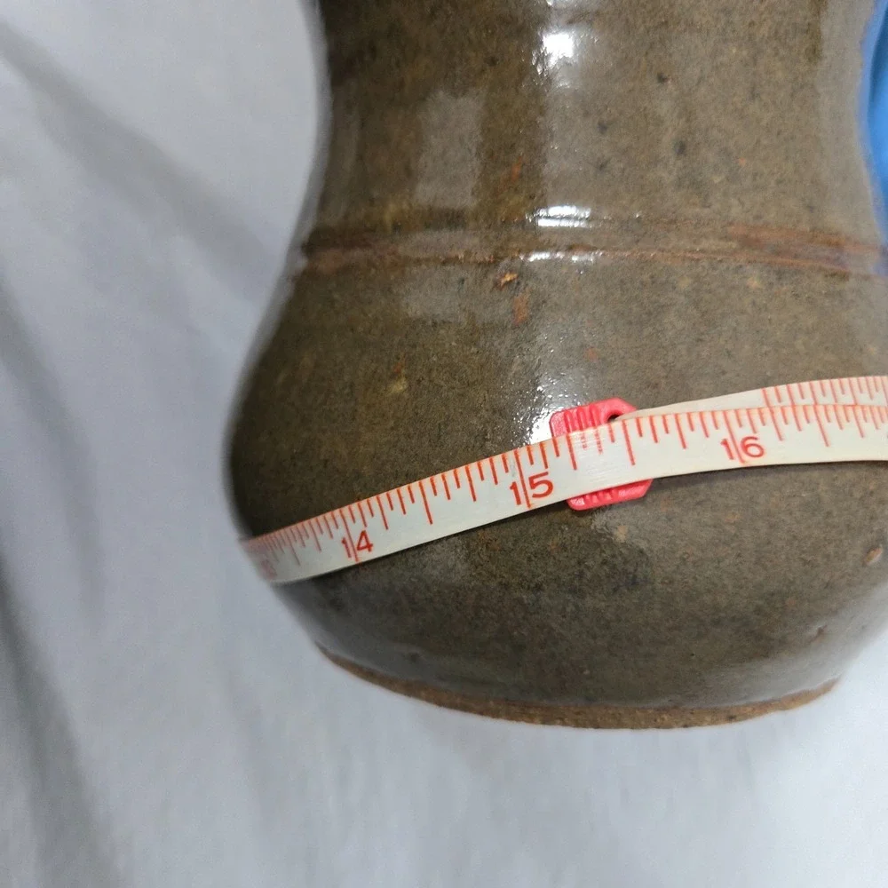 Signed CORA Studio Pottery Stoneware Vase Crock Brown Olive Glaze 6